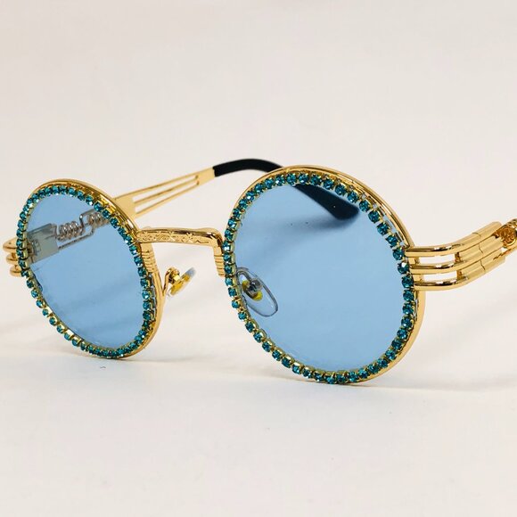 Men Women Sunglasses Blue Lens‎ Fashion Diamond Retro Classic Rhine Stone Gold - Picture 1 of 4